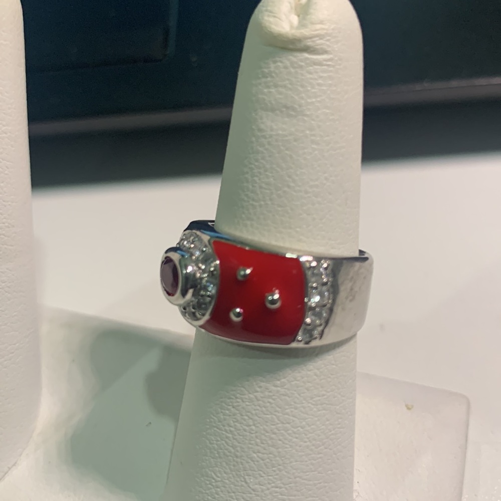 Vintage signed RP sterling silver red enamel ring rhinestones red & clear Sz 6.5 - Picture 3 of 11